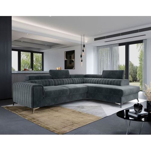 Canapé D'angle Droit Convertible 5 Places En Velours Gris