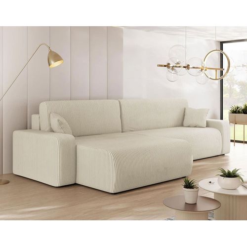 Canapé D'angle Réversible Convertible 5 Places En Velours Côtelé Beige