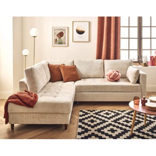 Canapé D'angle Gauche Convertible 5 Places En Velours Texturé Beige