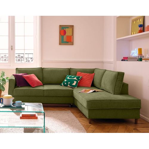 Canapé D'angle Droit Convertible 5 Places En Tissu Velours Relief Vert
