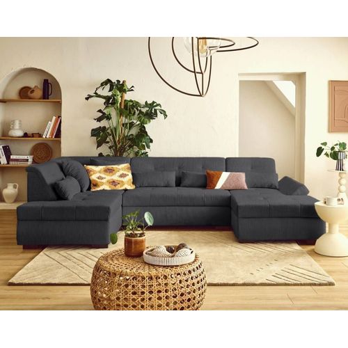 Canapé Panoramique 7 Places Angle Gauche En Velours Côtelé Gris Foncé