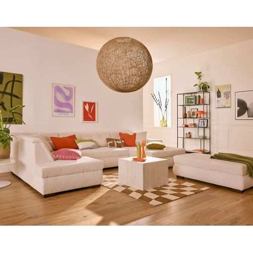 Canapé Panoramique 7 Places En U En Velours Côtelé Beige