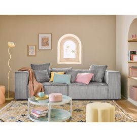 Canapé Modulable 2 Places En Velours Côtelé Gris Clair