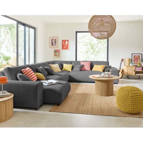 Canapé Modulable 8 Places Angle Droit En Velours Côtelé Gris Foncé