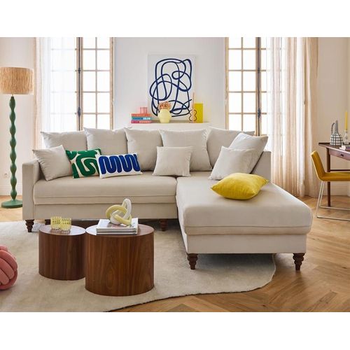 Canapé D'angle Droit Convertible 4 Places En Velours Beige