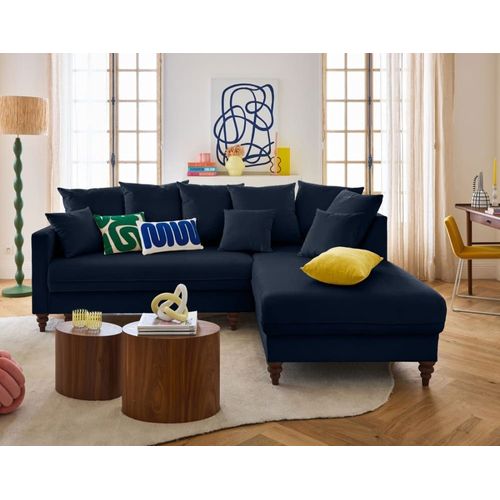 Canapé D'angle Droit Convertible 4 Places En Velours Bleu