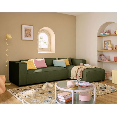 Canapé D'angle Droit 4 Places En Tissu Texturé Vert Olive
