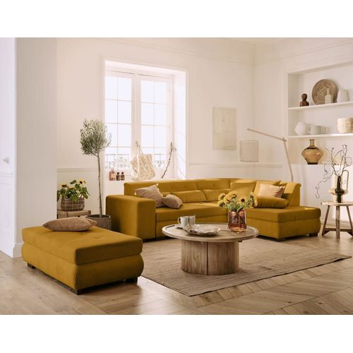 Canapé D'angle Droit Convertible 5 Places En Velours Côtelé Jaune