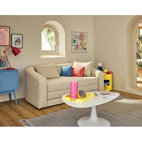 Canapé Droit Convertible 2 Places En Velours Texturé Beige