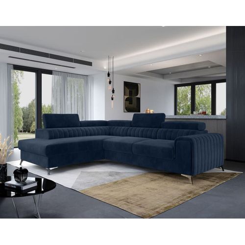 Canapé D'angle Gauche Convertible 5 Places En Velours Bleu Marine