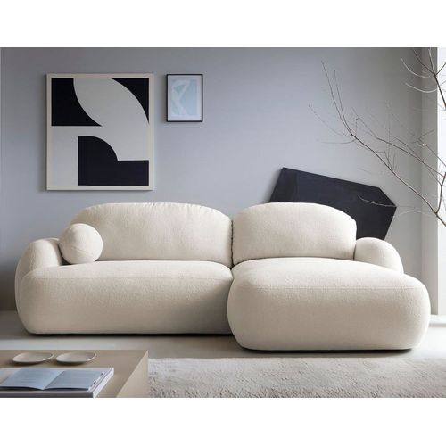 Canapé D'angle Droit Convertible 4 Places En Tissu Bouclette Beige