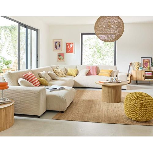 Canapé Modulable 8 Places Angle Droit En Velours Côtelé Beige