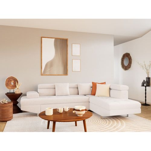 Canapé D'angle Droit Convertible 5 Places En Velours Texturé Beige