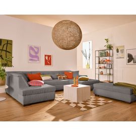 Canapé Panoramique 7 Places En U En Velours Côtelé Gris Clair