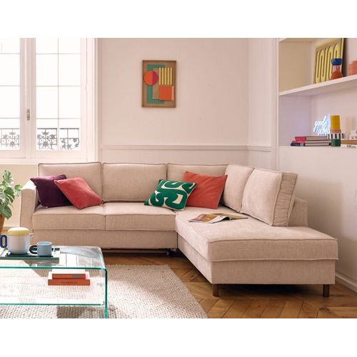 Canapé D'angle Droit Convertible 5 Places En Tissu Velours Relief