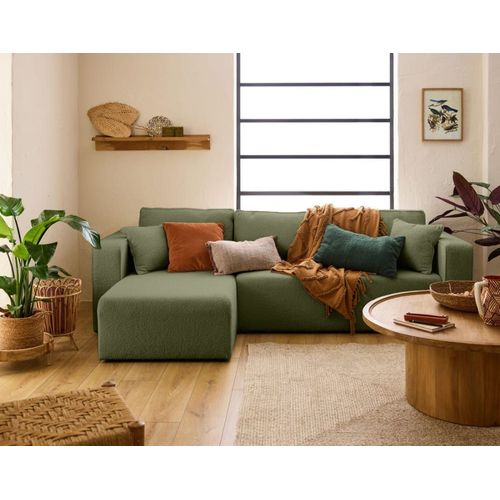 Canapé D'angle Réversible Convertible 4 Places En Tissu Bouclette Vert