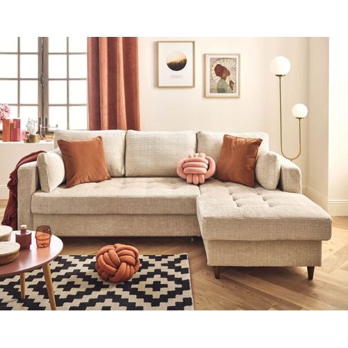 Canapé D'angle Droit Convertible 4 Places En Velours Texturé Beige