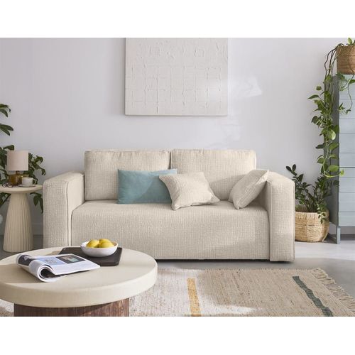 Canapé Droit 2 Places En Tissu Velours Relief Beige