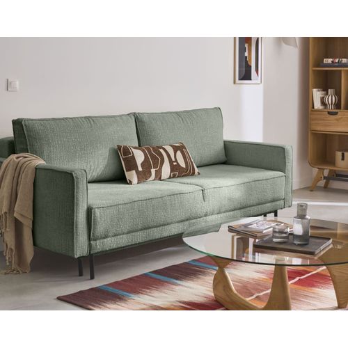 Canapé Droit Convertible 3 Places En Tissu Velours Relief Vert