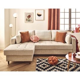 Canapé D'angle Gauche Convertible 4 Places En Velours Texturé Beige