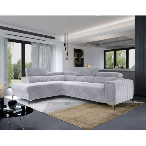 Canapé D'angle Gauche Convertible 5 Places En Velours Gris Clair