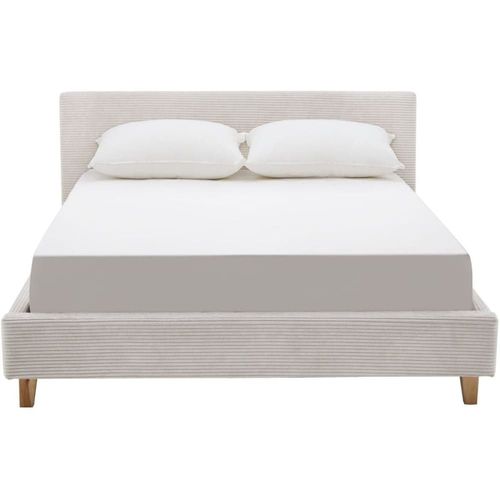 Lit Adulte 160x200 En Velours Côtelé Beige + Matelas Mémoire De Forme