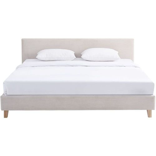 Lit Adulte 180x200 En Velours Côtelé Beige + Matelas Mémoire De Forme