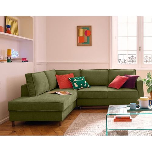 Canapé D'angle Gauche Convertible 5 Places En Tissu Velours Relief