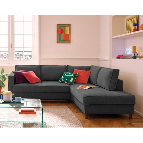 Canapé D'angle Droit Convertible 5 Places En Tissu Velours Relief Gris