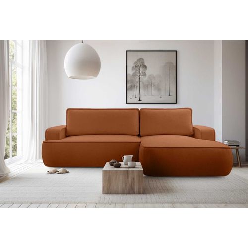 Canapé D'angle Droit Convertible 4 Places En Tissu Texturé Terracotta