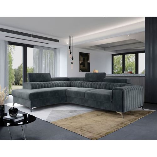 Canapé D'angle Gauche Convertible 5 Places En Velours Gris