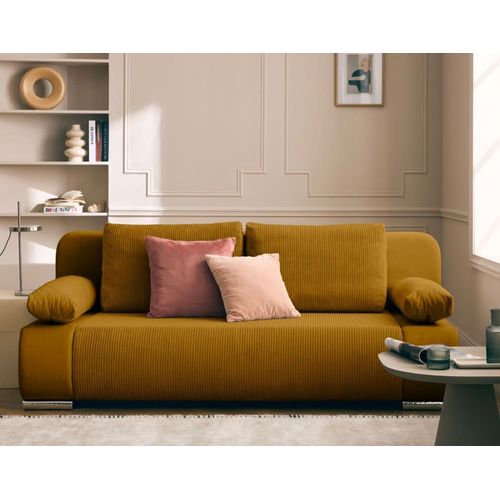 Canapé Droit Convertible 3 Places En Velours Et Velours Côtelé Jaune