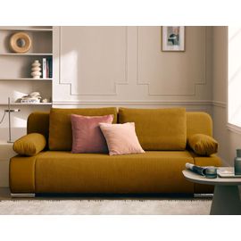 Canapé Droit Convertible 3 Places En Velours Et Velours Côtelé Jaune