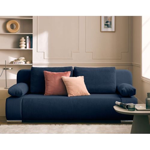 Canapé Droit Convertible 3 Places En Velours Et Velours Côtelé Bleu