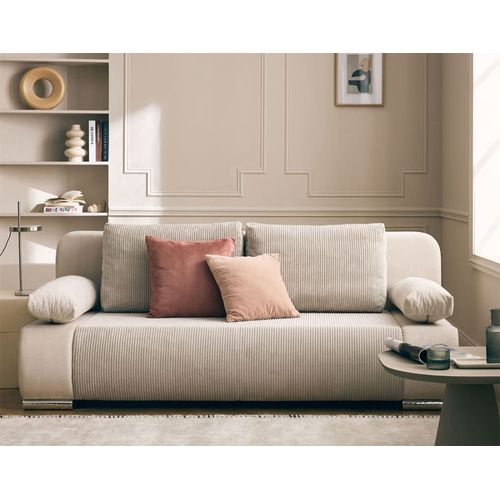 Canapé Droit Convertible 3 Places En Velours Et Velours Côtelé Beige