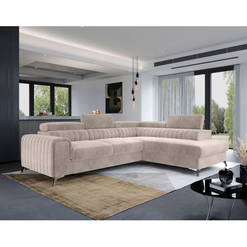 Canapé D'angle Droit Convertible 5 Places En Velours Beige