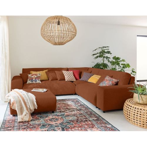 Canapé Modulable 5 Places Angle Droit En Velours Côtelé Terracotta