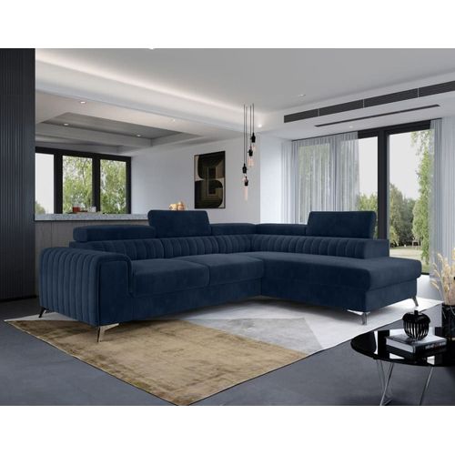 Canapé D'angle Droit Convertible 5 Places En Velours Bleu Marine
