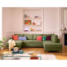 Canapé Panoramique 7 Places Angle Droit En Tissu Velours Relief Vert