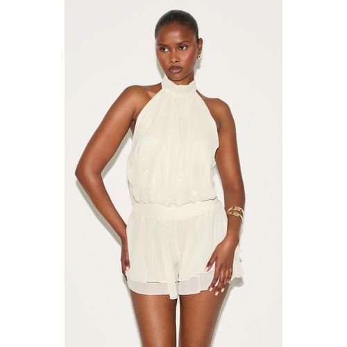 Combishort En Mousseline De Soie Crème À Col Montant Et Taille Tombante, Crème