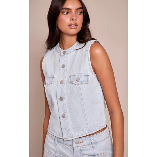Gilet En Jean Bleu Clair À Col Rond Et Taille Cintrée, Bleu Clair