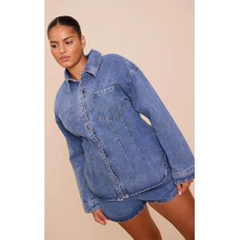 Plus Chemise En Jean Bleu Moyen Délavé À Coutures Structurantes Et Taille Cintrée, Bleu Moyen Délavé