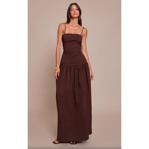 Robe Longue Tissée Stretch Chocolat Froncée À Bretelles Fines, Chocolat