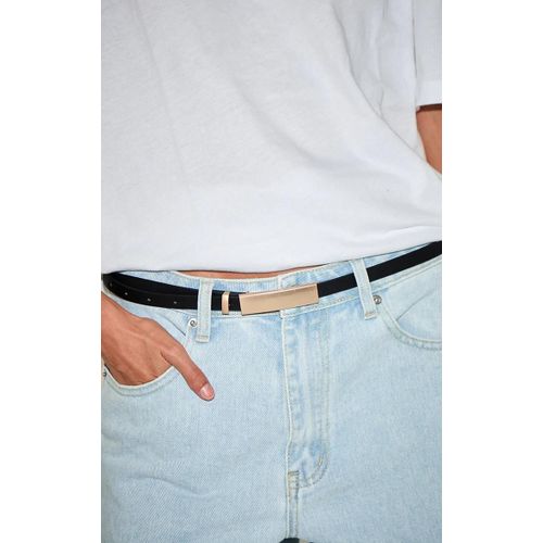 Ceinture Fine En Pu Noir À Boucle Allongée Dorée, Noir
