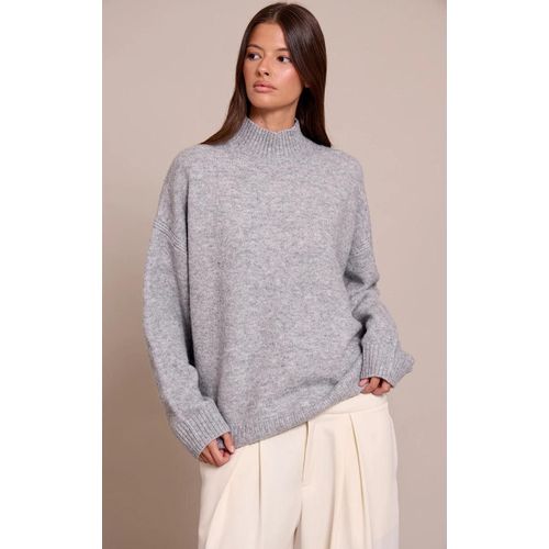 Pull Oversize En Maille Tricot Gris Clair Chiné À Col Polo, Gris Chiné
