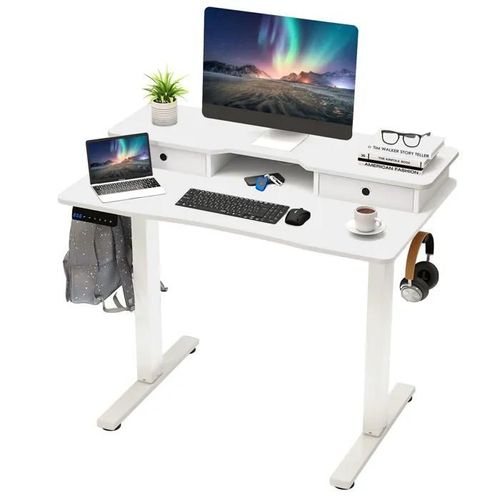 Bureau Assis-Debout Electrique 100x60cm -Costway - 2 Tiroirs-Support D'ecran - Réglable En 3 Hauteurs Crochets De Suspension Blanc