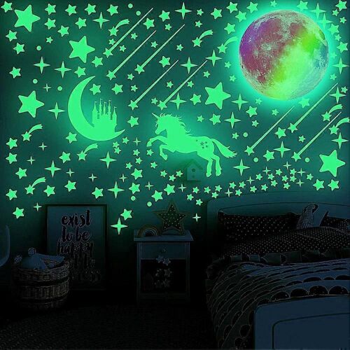Autocollants Étoiles Lumineuses Chambre Enfant - Ciel Étoilé Licorne Lune - Noir