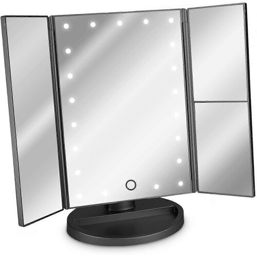 Miroir éclairé à LED 3 faces - Miroir de maquillage triptyque pliable sur pied avec effet grossissant x2 x3 - Batterie ou USB - Noir