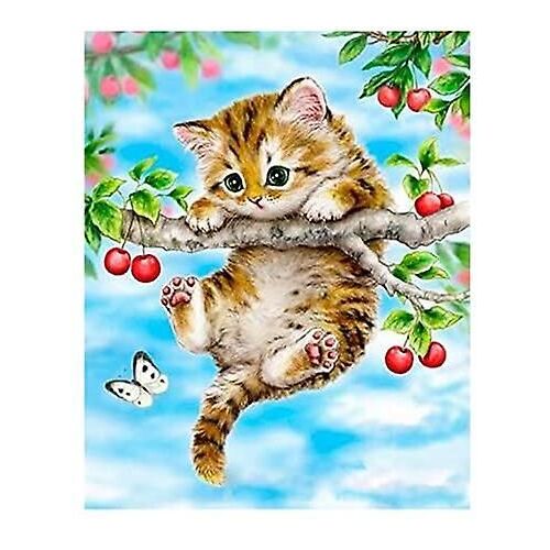 Kit De Broderie Diamant 5d Pour Adultes, Motif Chat, Broderie Complète Au Point De Croix, Motif Chat Cerise, 30,5 X 40,6 Cm