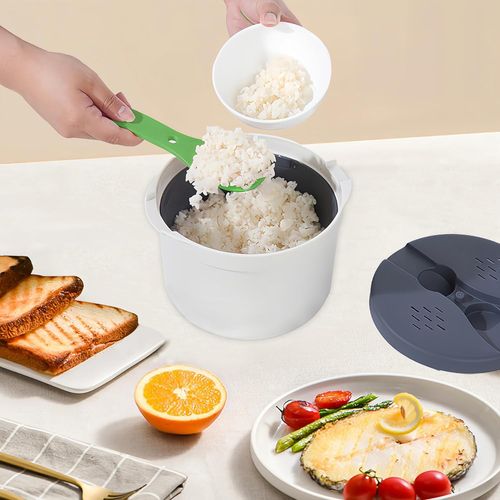 KALANKA-Cuiseur à Riz Micro Ondes, 2 L Pâtes Alimentaire Microwave Rice Cooker PP Autocuiseur Cuillère Couvercle Passoire Antiadhésif Pot Vapeur Cuire Conserver Céréales Couscous Légumes Légumineuses